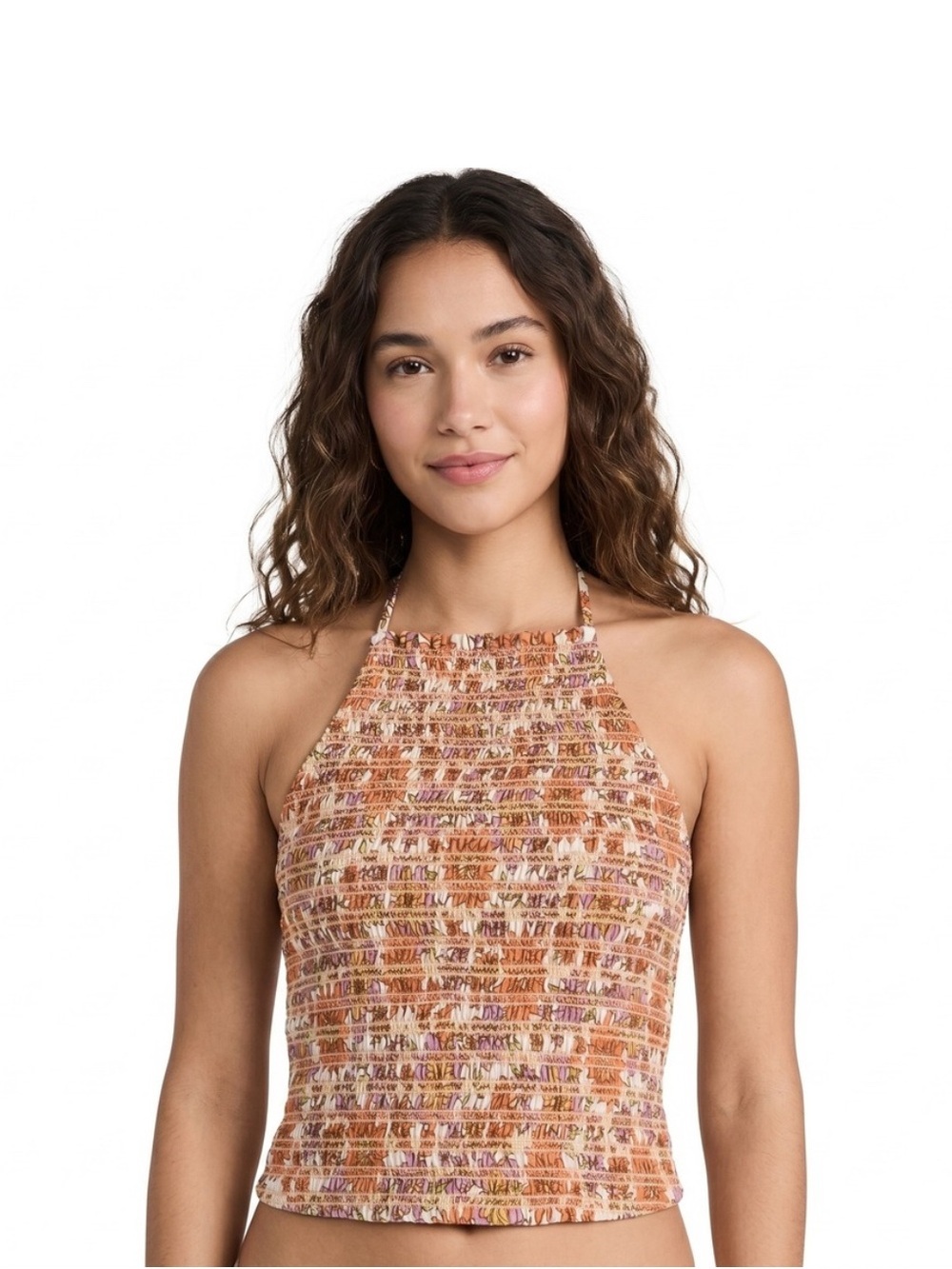 American Eagle Smocked Halter Crop Top Floral Orange Purple Boho Women's Size M